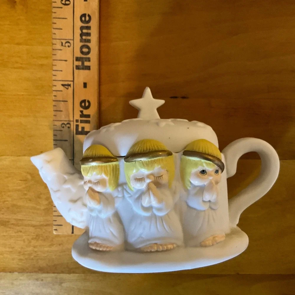 Houston Harvest Hallmark 3‎ Angels Star Ceramic Teapotl Trinket Dish Christmas